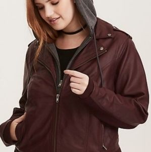 Torrid burgundy leather jacket with hood